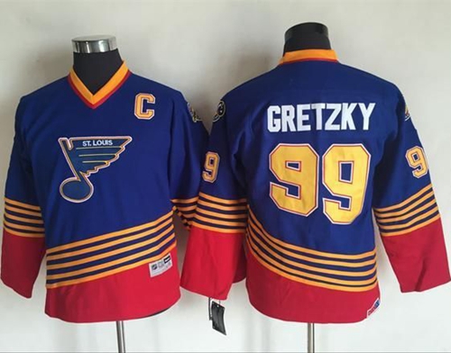 Blues #99 Wayne Gretzky Light Blue/Red CCM Throwback Stitched Youth NHL Jersey - Click Image to Close